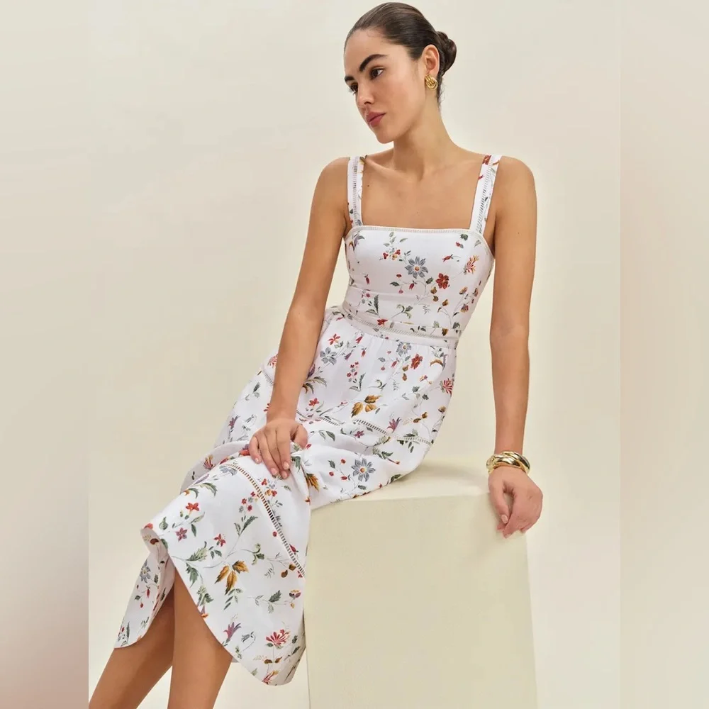 NEW Reformation Everett Linen Midi Dress Corsini White Multi Floral | US 4 UK 8 - Picture 6 of 16